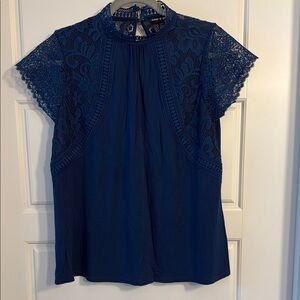 Cable & Gauge Blue Lace Mandarin Collar Blouse